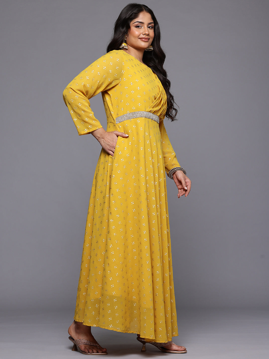 A PLUS BY AHALYAA Plus Size Ethnic Printed Maxi Ethnic Gown With Embellished Detail