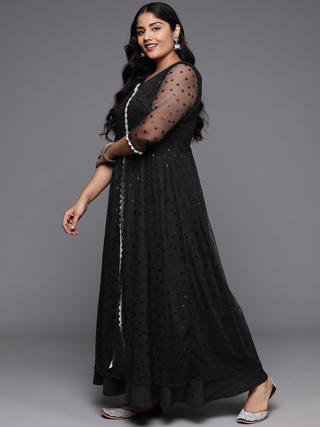 Women Plus Size Star Print Net A-Line Maxi Dress