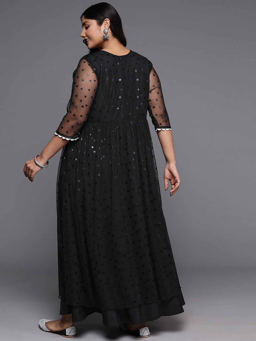 Women Plus Size Star Print Net A-Line Maxi Dress