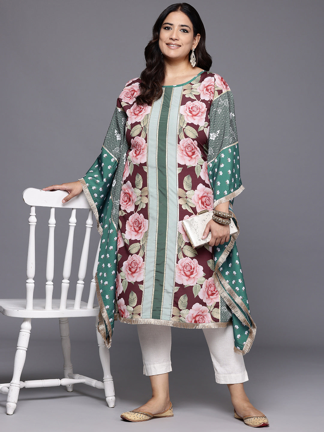 Plus Size Floral Printed Flared Sleeves Gotta Patti Crepe Kaftan Kurta