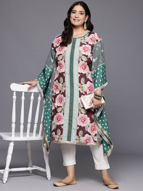 Plus Size Floral Printed Flared Sleeves Gotta Patti Crepe Kaftan Kurta