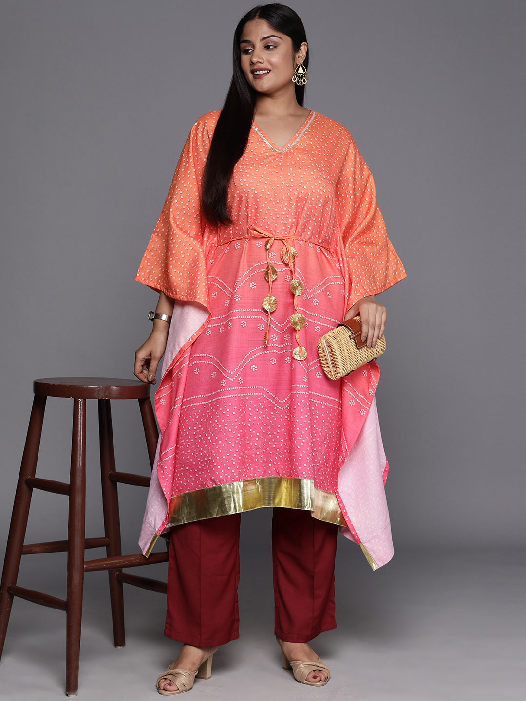 A PLUS BY AHALYAA Plus Size Bandhani Printed Flared Sleeves Gotta Patti Kaftan Kurta