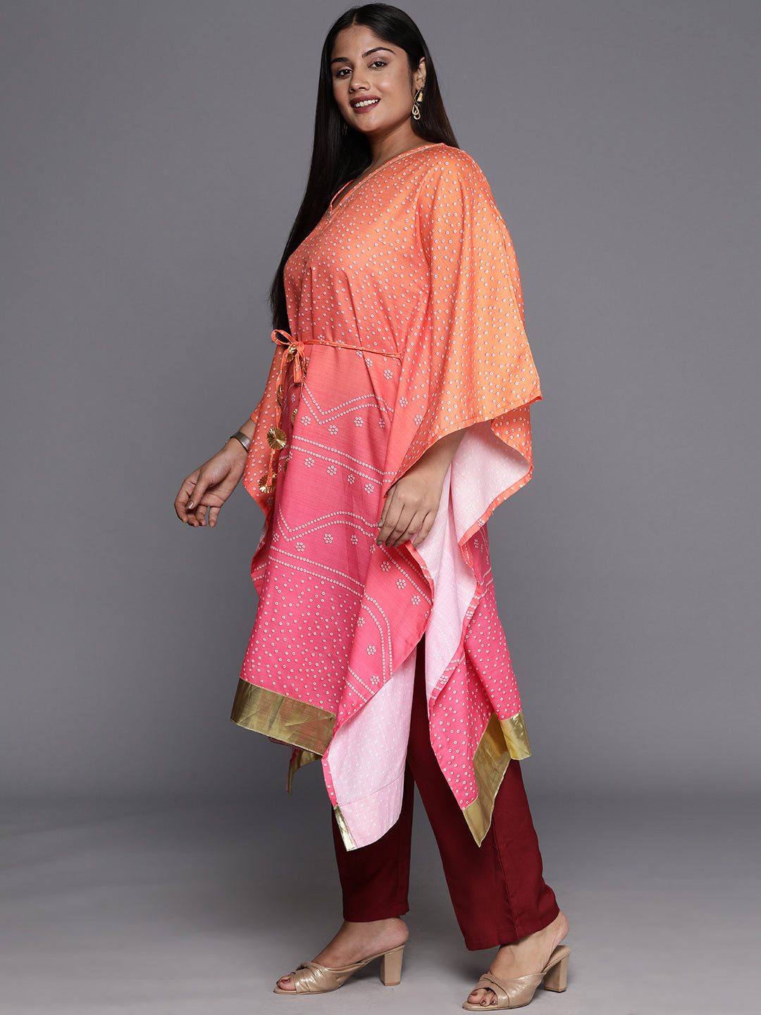 A PLUS BY AHALYAA Plus Size Bandhani Printed Flared Sleeves Gotta Patti Kaftan Kurta