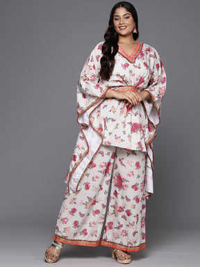 A PLUS BY AHALYAA Plus Size Floral Printed Kaftan Gotta Patti Kurta with Palazzos