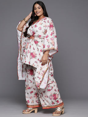 A PLUS BY AHALYAA Plus Size Floral Printed Kaftan Gotta Patti Kurta with Palazzos