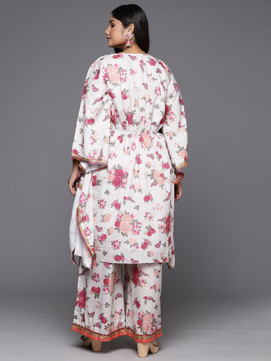 A PLUS BY AHALYAA Plus Size Floral Printed Kaftan Gotta Patti Kurta with Palazzos