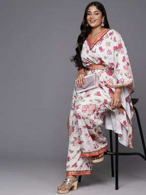 A PLUS BY AHALYAA Plus Size Floral Printed Kaftan Gotta Patti Kurta with Palazzos