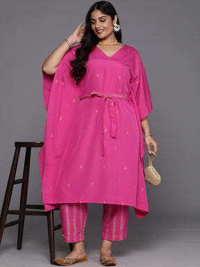 Plus Size Floral Printed Kaftan Fusion Kurta with Trousers & Belt