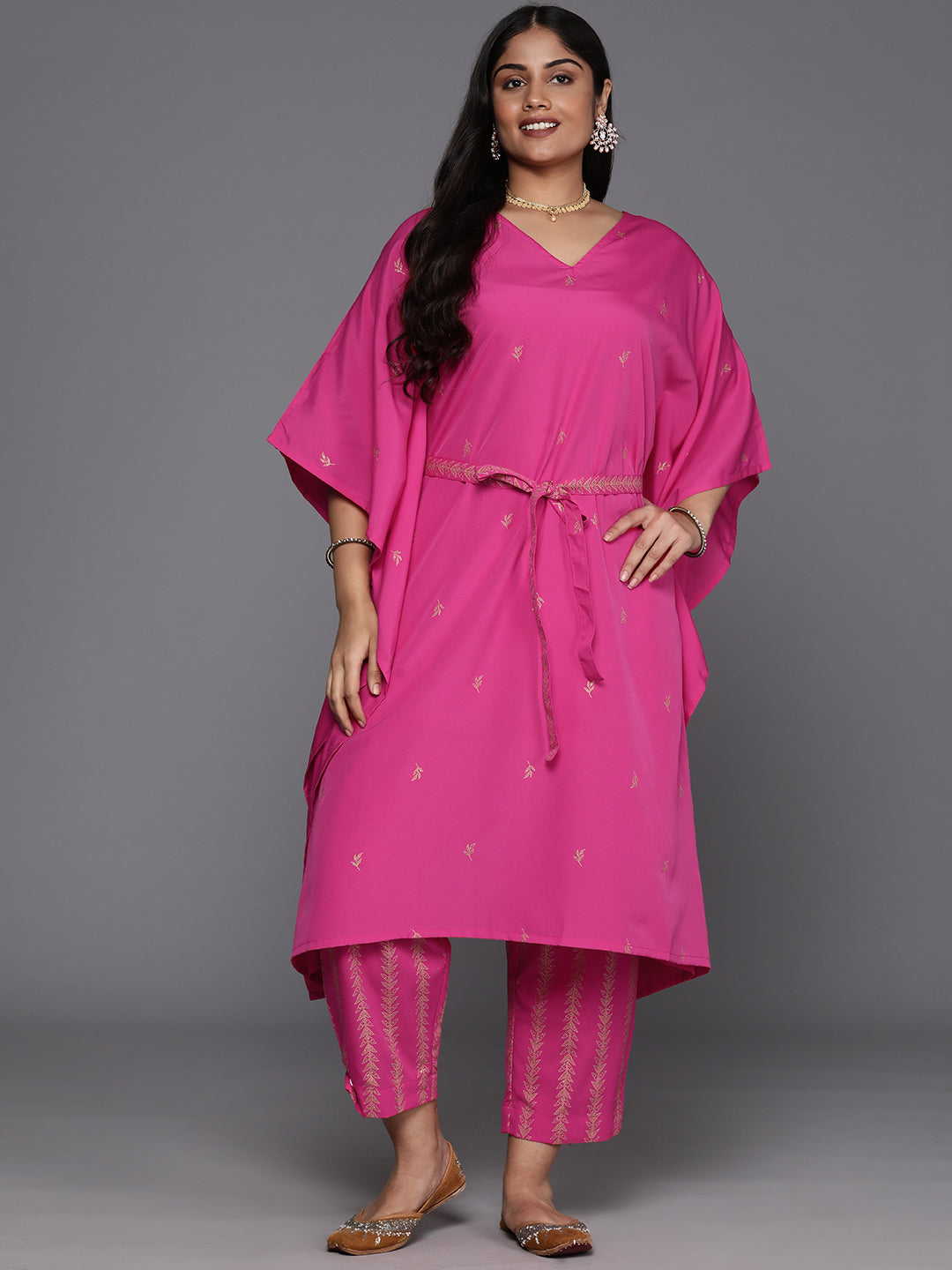 Plus Size Floral Printed Kaftan Fusion Kurta with Trousers & Belt