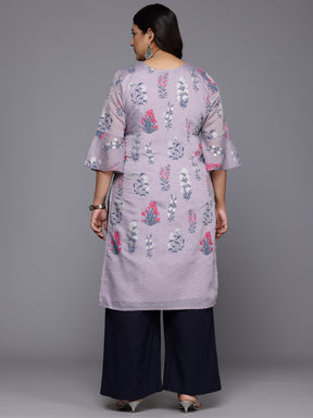 Plus Size Floral Printed Bell Sleeves Sequinned Chanderi Kurta