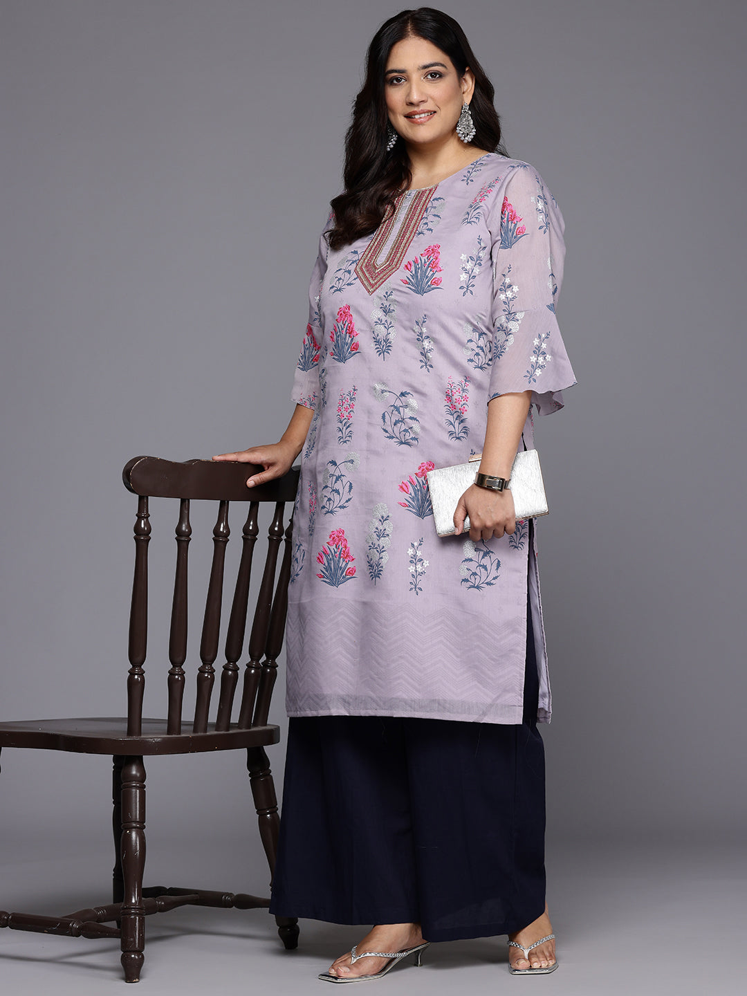 Plus Size Floral Printed Bell Sleeves Sequinned Chanderi Kurta