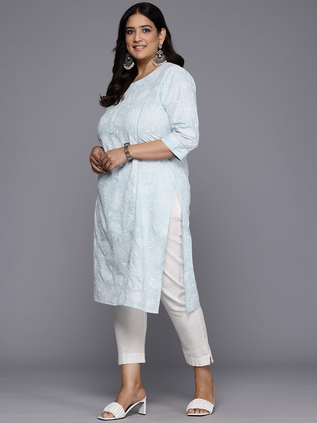 Plus Size Floral Printed Zari Pure Cotton Kurta