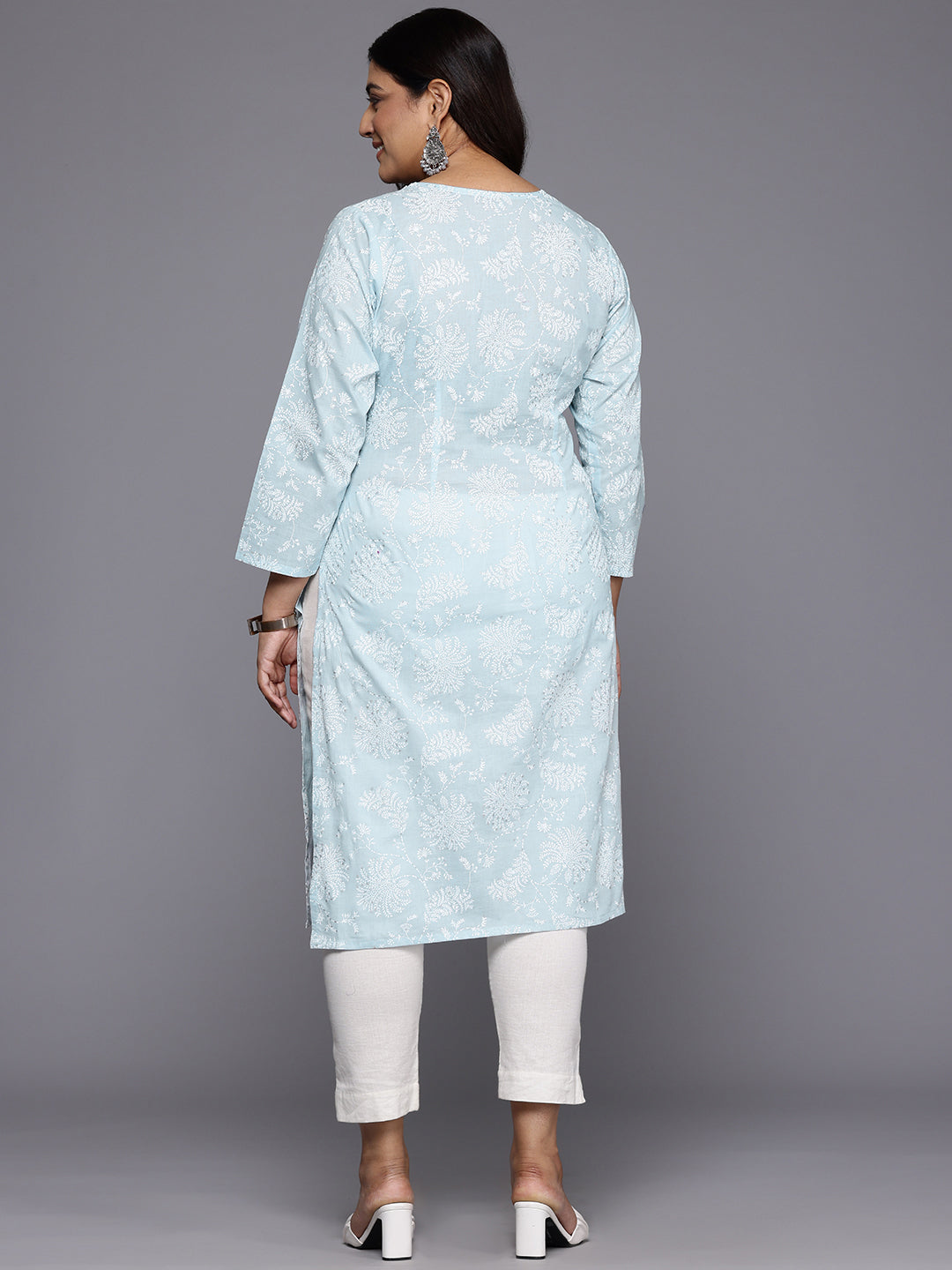 Plus Size Floral Printed Zari Pure Cotton Kurta