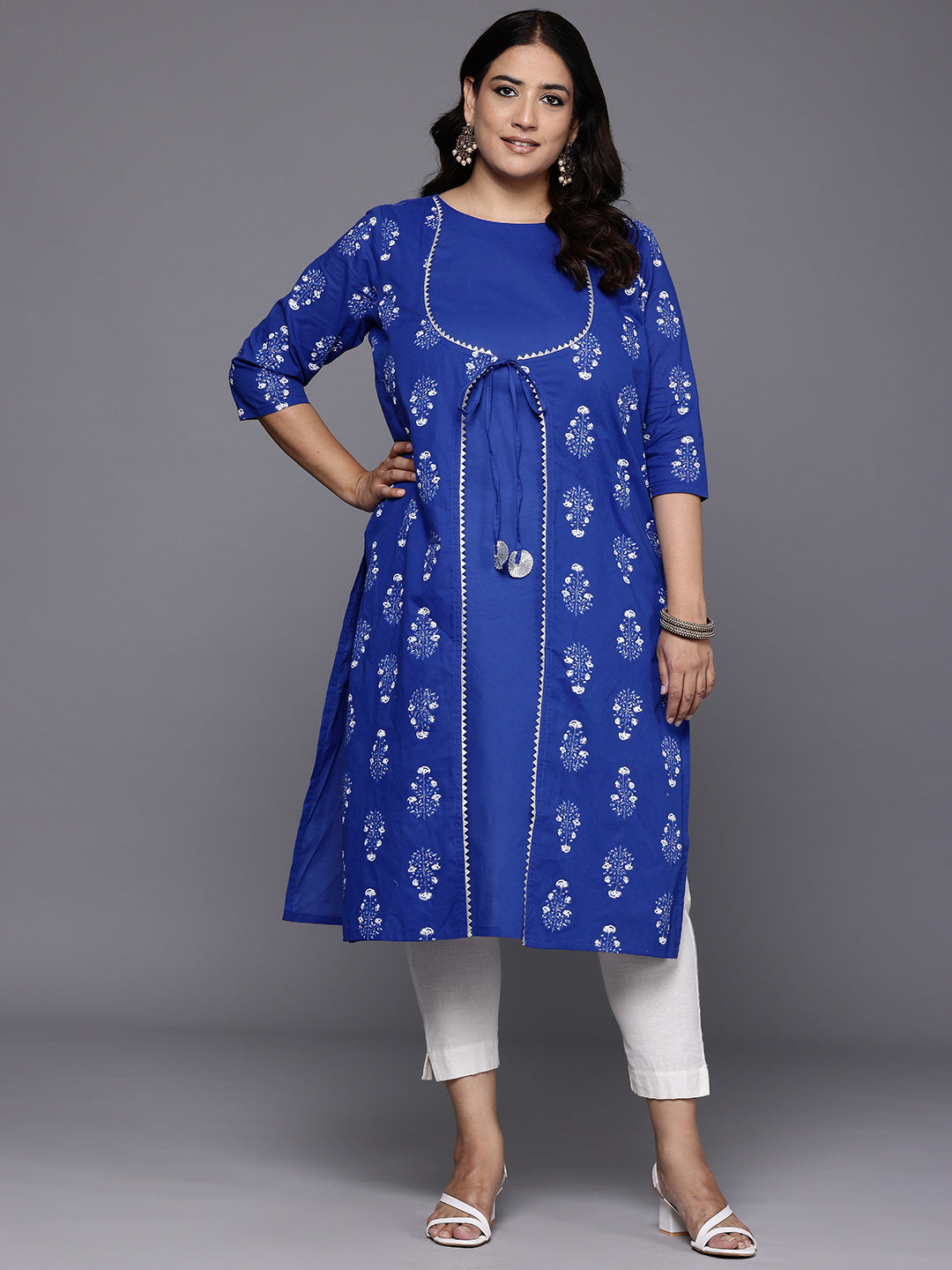 Plus Size Ethnic Motifs Printed Layered Gotta Patti Pure Cotton Kurta