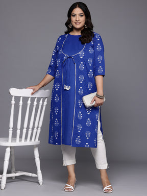 Plus Size Ethnic Motifs Printed Layered Gotta Patti Pure Cotton Kurta