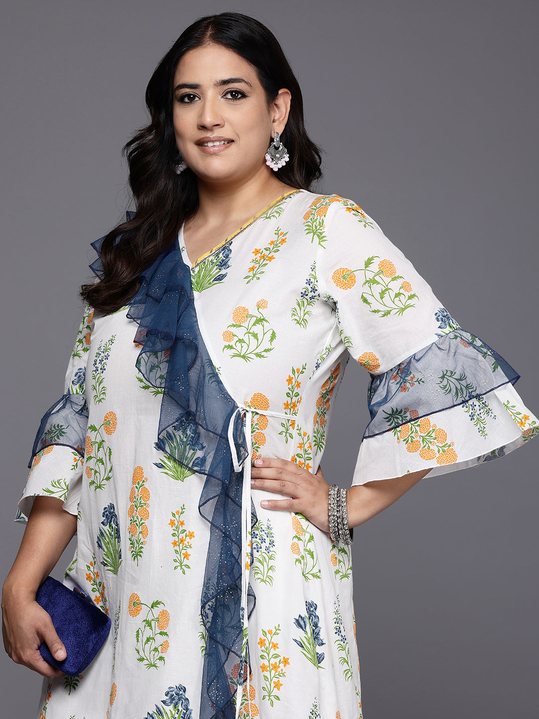 Plus Size Floral Printed Bell Sleeves Pure Cotton Kurta