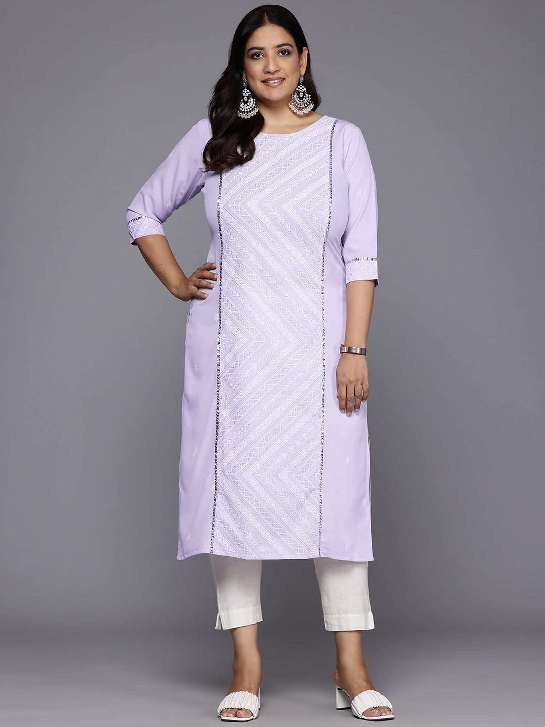 Plus Size Geometric Printed Sequinned Crepe Kurta