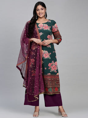 A PLUS BY AHALYAA Women Floral Printed Regular Sequinned Kurta with Palazzo & With Dupatta