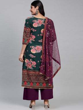 A PLUS BY AHALYAA Women Floral Printed Regular Sequinned Kurta with Palazzo & With Dupatta