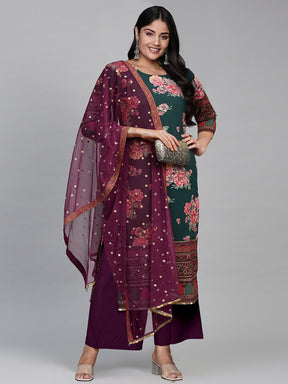 A PLUS BY AHALYAA Women Floral Printed Regular Sequinned Kurta with Palazzo & With Dupatta