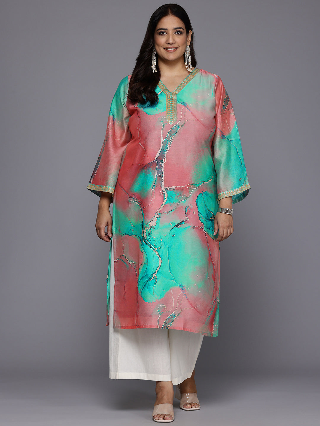 Plus Size Printed Flared Sleeves Chanderi Kurta