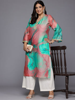 Plus Size Printed Flared Sleeves Chanderi Kurta