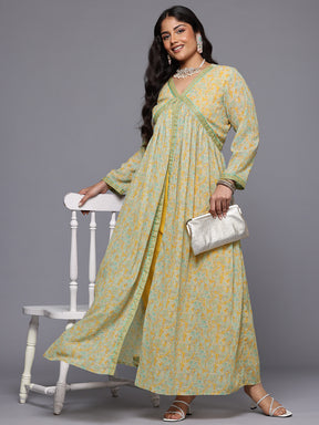 A PLUS BY AHALYAA Plus Size Paisley Printed High Slit Thread Work Kurta with Trousers