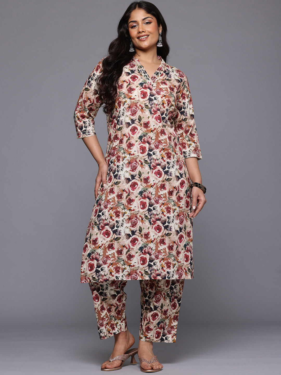 A PLUS BY AHALYAA Women Floral Printed Gotta Patti Pure Cotton Kurta with Trousers