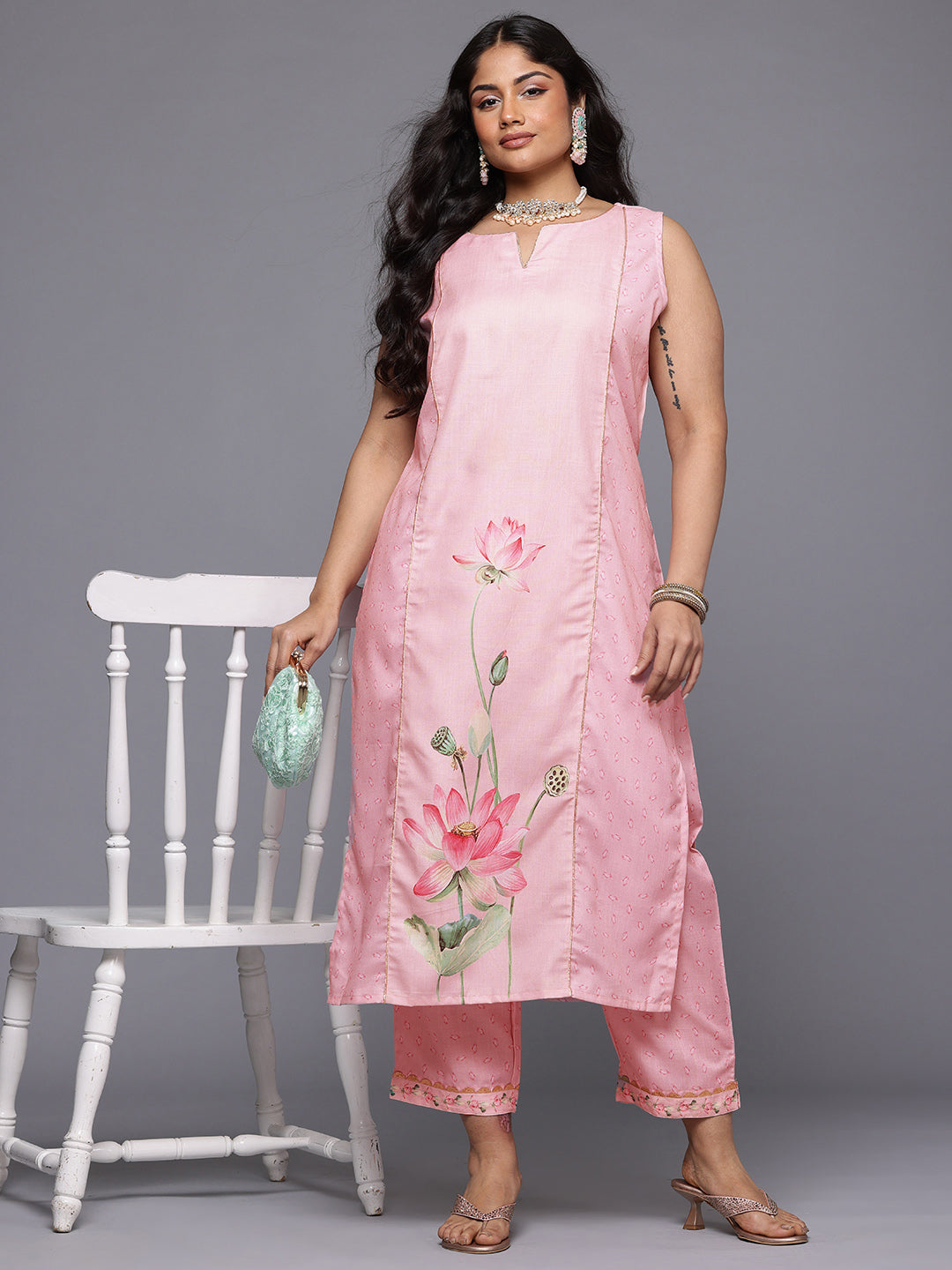 A PLUS BY AHALYAA Plus Size Floral Printed Panelled Gotta Patti Kurta with Trousers