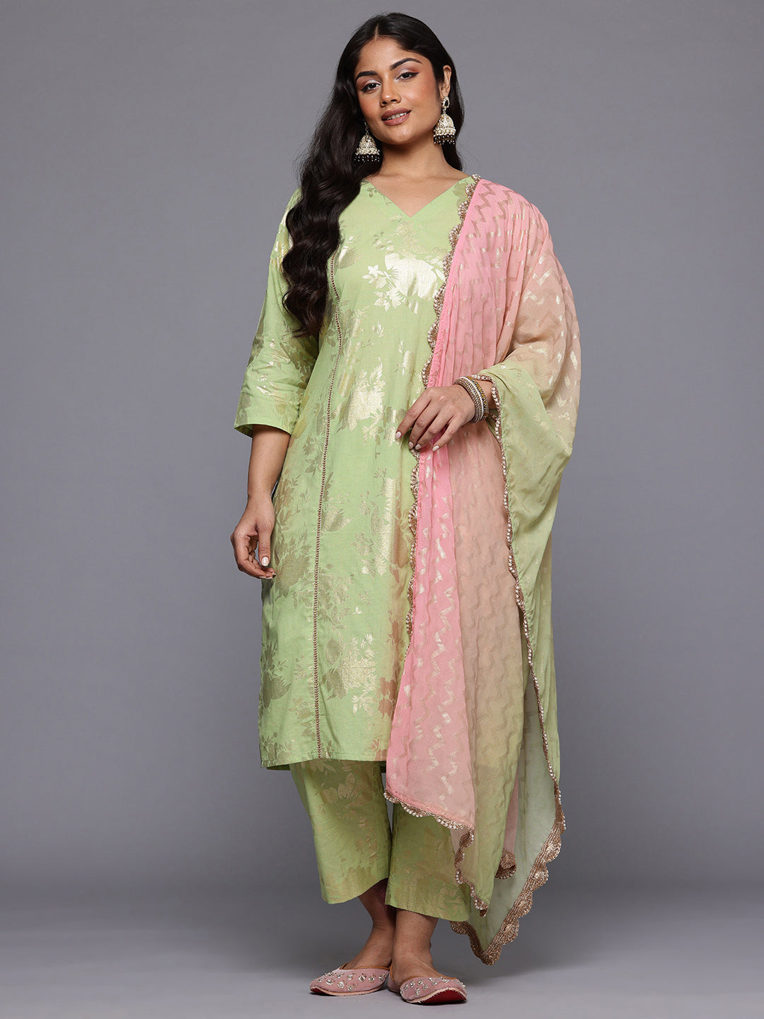 A PLUS BY AHALYAA Plus Size Floral Printed Panelled Pure Cotton Kurta Set & Dupatta