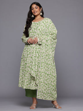 A PLUS BY AHALYAA Plus Size Floral Printed Gotta Patti Kurta with Trousers & With Dupatta