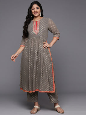 Plus Size Floral Printed High Slit Sequinned Kurta with Trousers