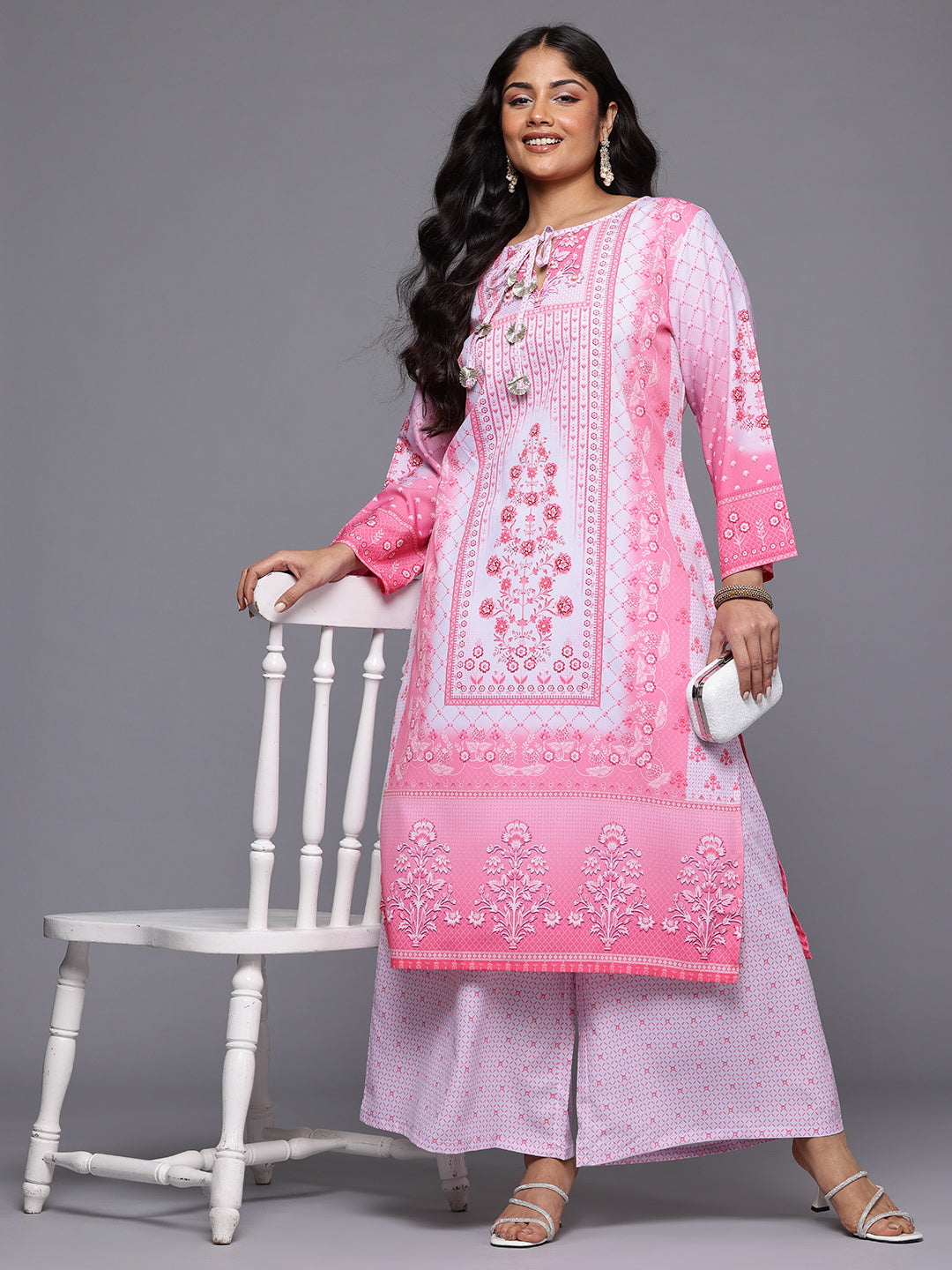 A PLUS BY AHALYAA Plus Size Floral Printed Gotta Patti Kurta with Palazzos