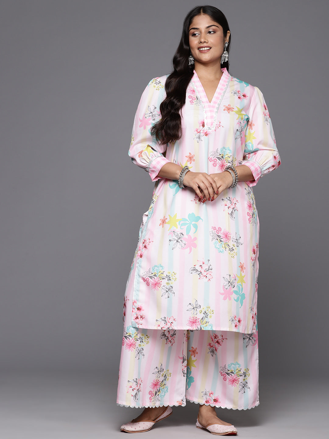 A PLUS BY AHALYAA Women Floral Printed Regular Gotta Patti Kurta with Palazzos