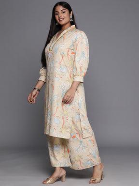 A PLUS BY AHALYAA Women Plus Size Printed Regular Gotta Patti Kurta with Palazzos