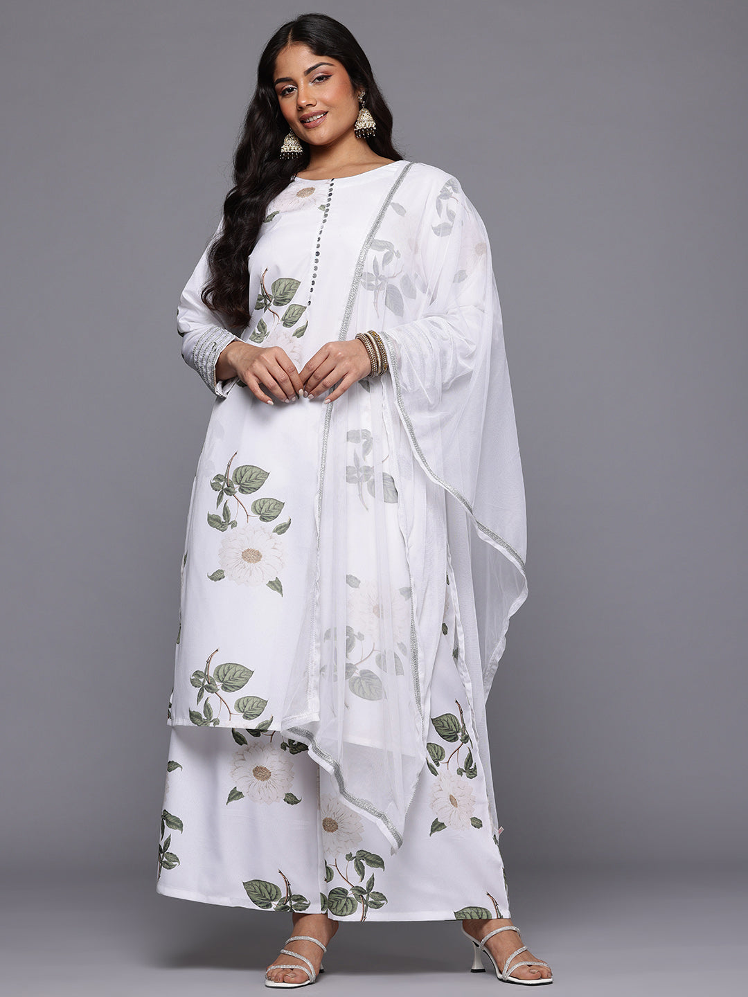 A PLUS BY AHALYAA Plus Size Floral Printed Kurta with Palazzos & With Dupatta