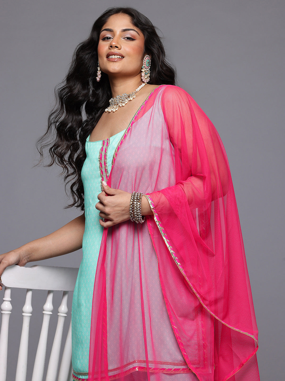 A PLUS BY AHALYAA Plus Size Floral Printed Gotta Patti Kurta with Sharara & With Dupatta