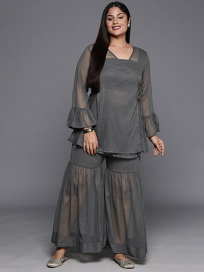 A PLUS BY AHALYAA Plus Size Ethnic Printed Chiffon Wrap Tunic with Sharara