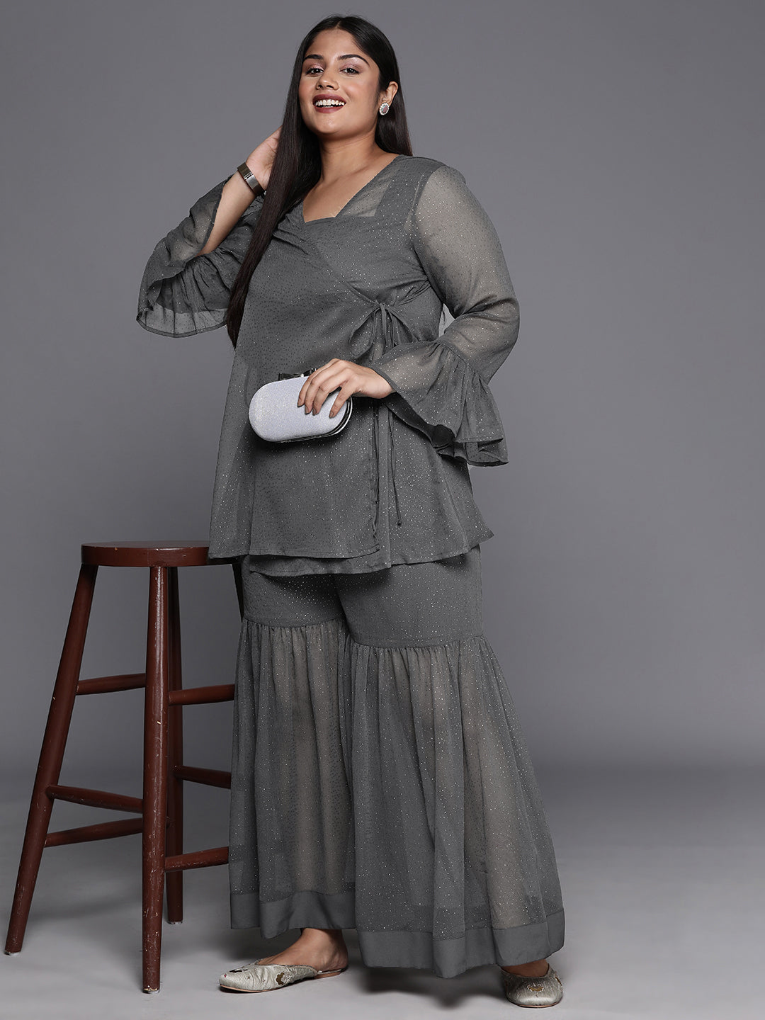 A PLUS BY AHALYAA Plus Size Ethnic Printed Chiffon Wrap Tunic with Sharara