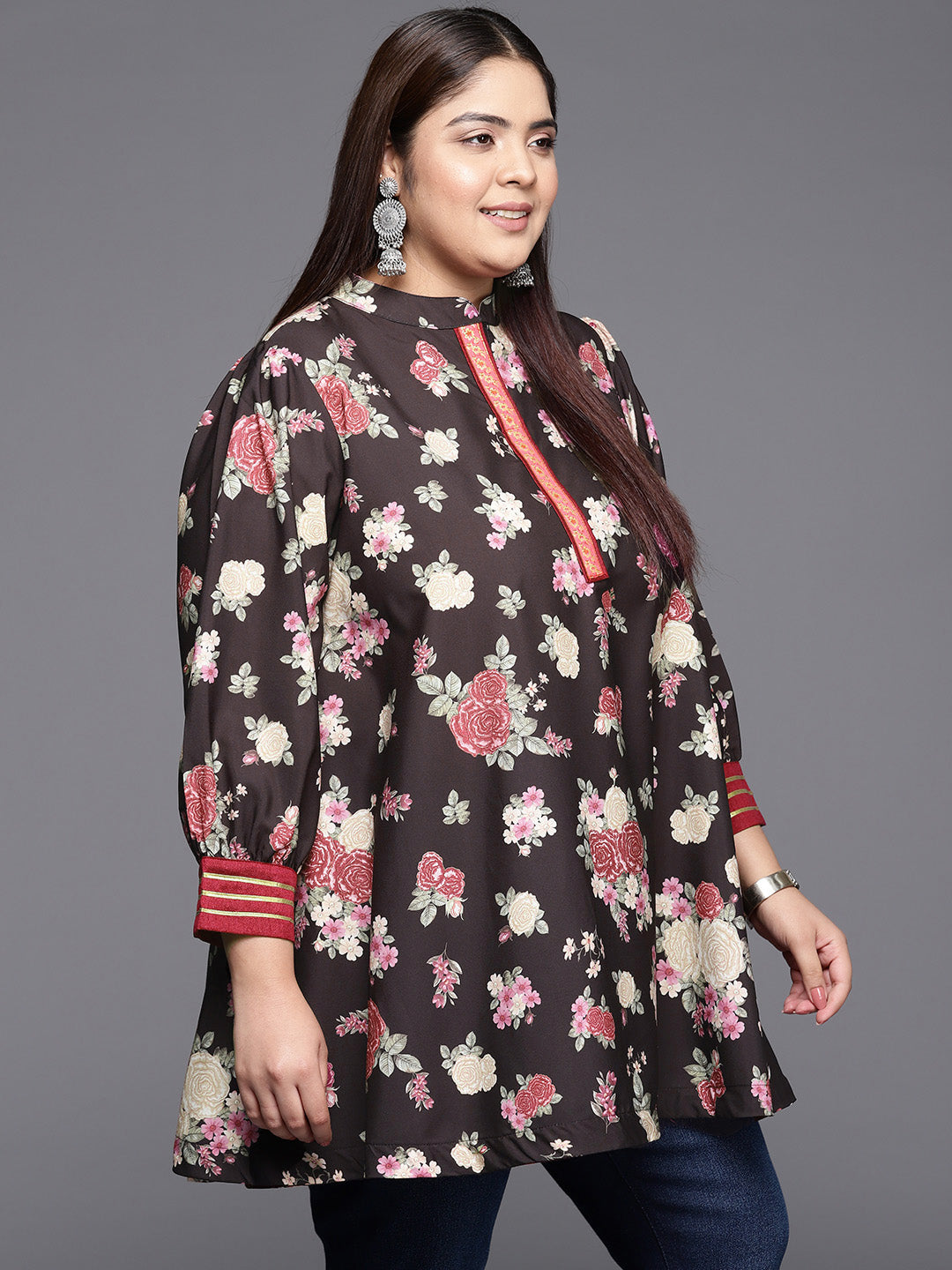 A PLUS BY AHALYAA Mandarin Collar Crepe Floral Printed Tunic