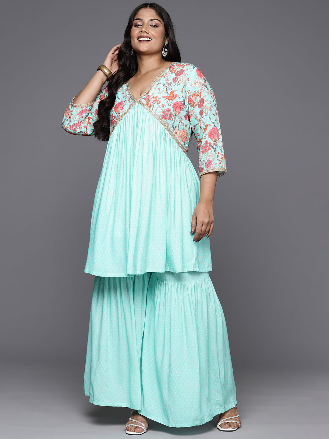 A PLUS BY AHALYAA Plus Size Printed Zari Empire Kurti with Sharara