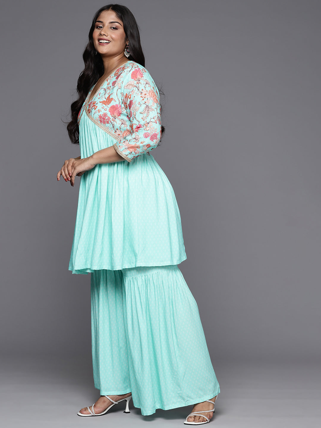 A PLUS BY AHALYAA Plus Size Printed Zari Empire Kurti with Sharara