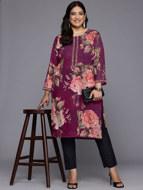 Women Floral Printed Round Neck Plus Size Straight Kurta