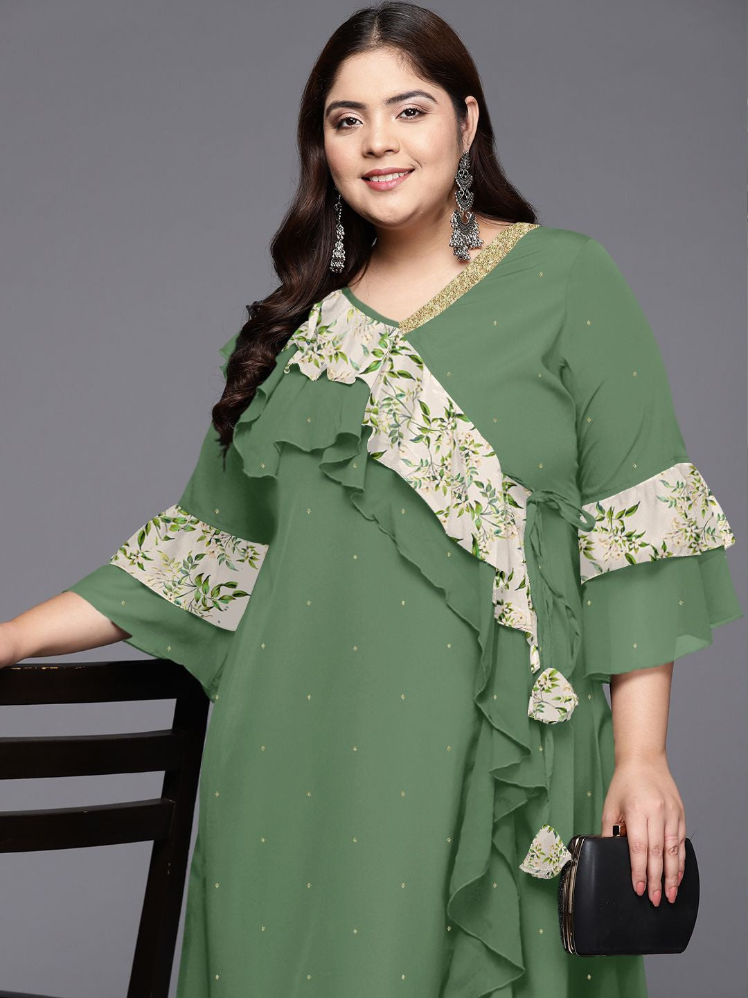 Women Polka Dot Printed Flared Sleeves A line Kurta