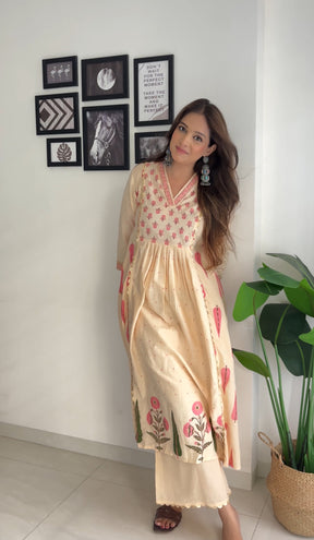 Cream & Pink Floral Print Pure Cotton Anarkali Kurta with Palazzos