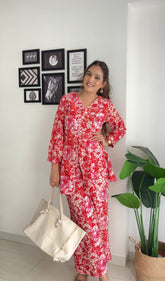 Red Printed Pure Cotton Tunic With Palazzos