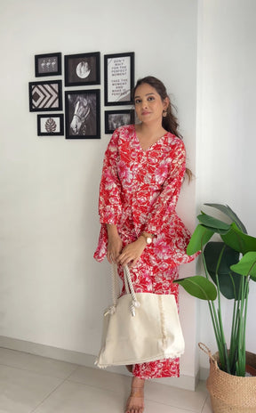 Red Printed Pure Cotton Tunic With Palazzos