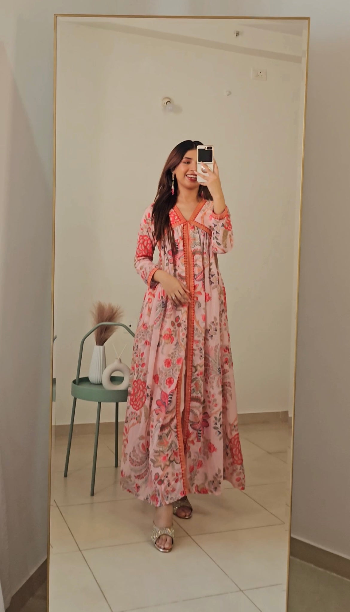 Pink Floral Printed High Slit Kurta with Trousers