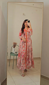 Pink Floral Printed High Slit Kurta with Trousers