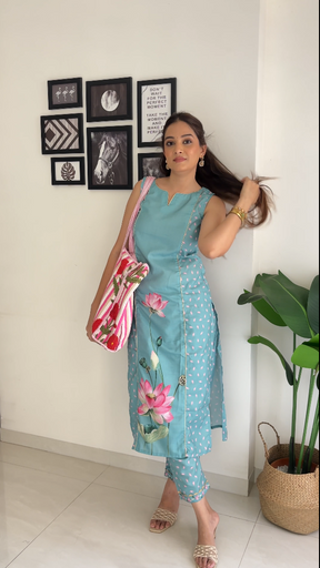 Floral Printed Panelled Gotta Patti Kurta with Trousers